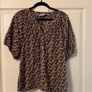 LOFT Black Floral Short-Sleeve Peasant Blouse